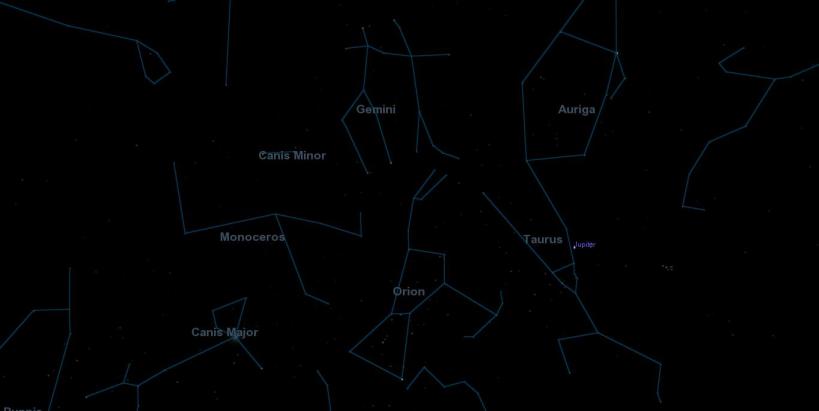 The eastern sky in December, rendered by Celestia.