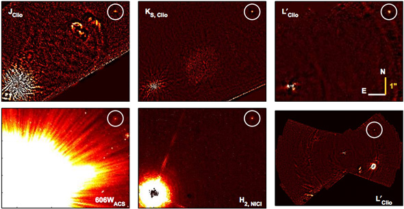 Images from various telescopes of HD 106906b. The bottom left is in visible light from the Hubble telescope. Printed in Bailey et al. (2013).