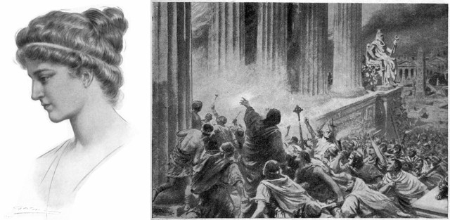 Left: portrait of Hypatia. Right: illustration of the burning of the Library of Alexandria in 391.