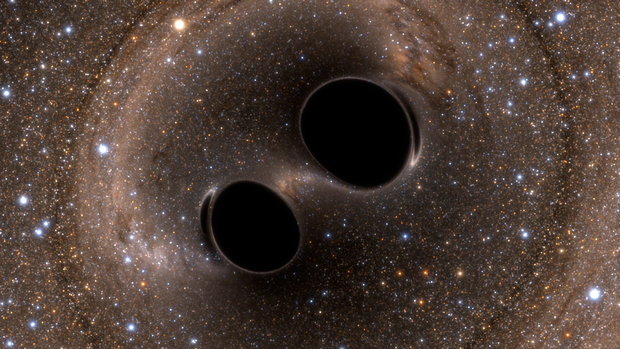 Computer-generated image of two black holes in the process of merging. Credit: the LIGO Collaboration.